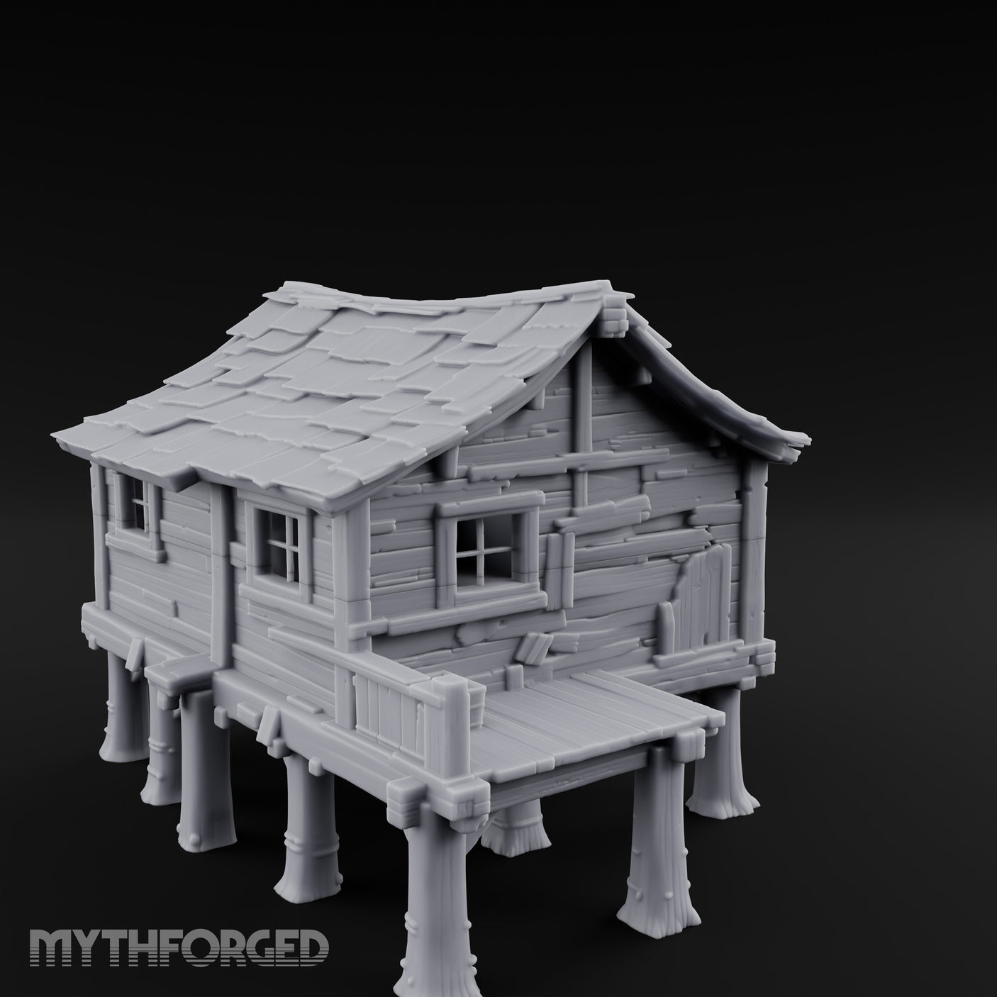 Shingle-Sagging Porch-Fronted Stilt Workers Hut Miniature for Dungeons and Dragons, Pathfinder or other TTRPGs