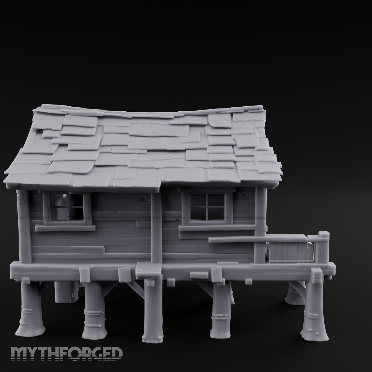 Shingle-Sagging Porch-Fronted Stilt Workers Hut Miniature for Dungeons and Dragons, Pathfinder or other TTRPGs