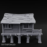 Shingle-Sagging Porch-Fronted Stilt Workers Hut Miniature for Dungeons and Dragons, Pathfinder or other TTRPGs