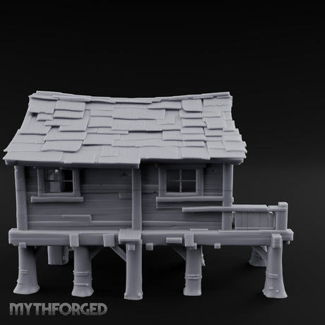 Shingle-Sagging Porch-Fronted Stilt Workers Hut Miniature for Dungeons and Dragons, Pathfinder or other TTRPGs