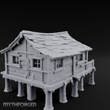 Shingle-Sagging Porch-Fronted Stilt Workers Hut Miniature for Dungeons and Dragons, Pathfinder or other TTRPGs