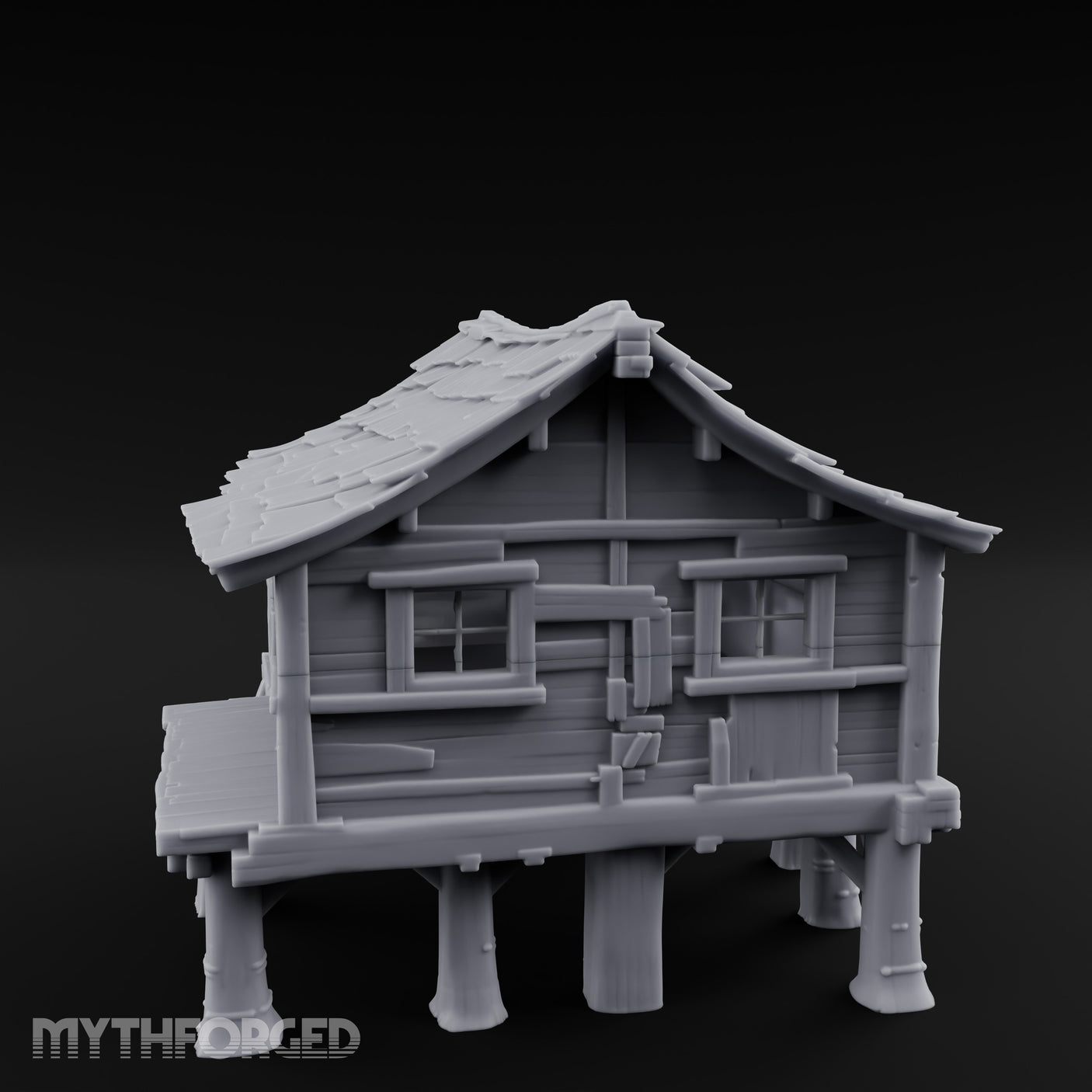 Shingle-Sagging Porch-Fronted Stilt Workers Hut Miniature for Dungeons and Dragons, Pathfinder or other TTRPGs