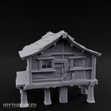 Shingle-Sagging Porch-Fronted Stilt Workers Hut Miniature for Dungeons and Dragons, Pathfinder or other TTRPGs