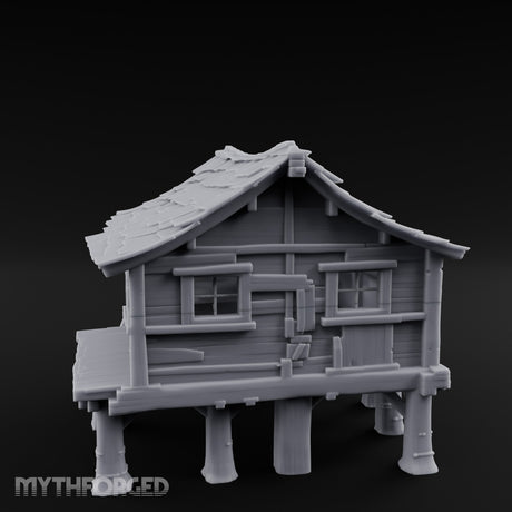 Shingle-Sagging Porch-Fronted Stilt Workers Hut Miniature for Dungeons and Dragons, Pathfinder or other TTRPGs