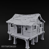 Shingle-Sagging Porch-Fronted Stilt Workers Hut Miniature for Dungeons and Dragons, Pathfinder or other TTRPGs
