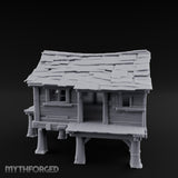 Shingle-Sagging Porch-Fronted Stilt Workers Hut Miniature for Dungeons and Dragons, Pathfinder or other TTRPGs