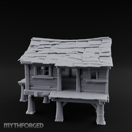 Shingle-Sagging Porch-Fronted Stilt Workers Hut Miniature for Dungeons and Dragons, Pathfinder or other TTRPGs