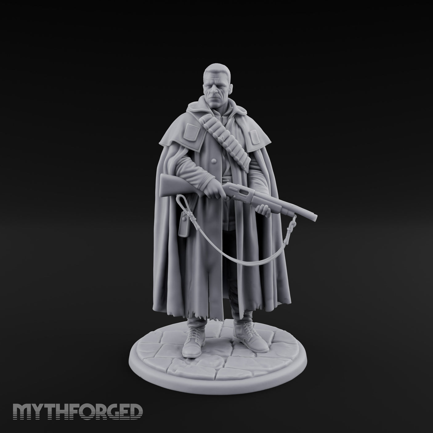 Shotgun-Slung Cape-Flowing Human Wanderer Miniature for Dungeons and Dragons, Pathfinder or other TTRPGs