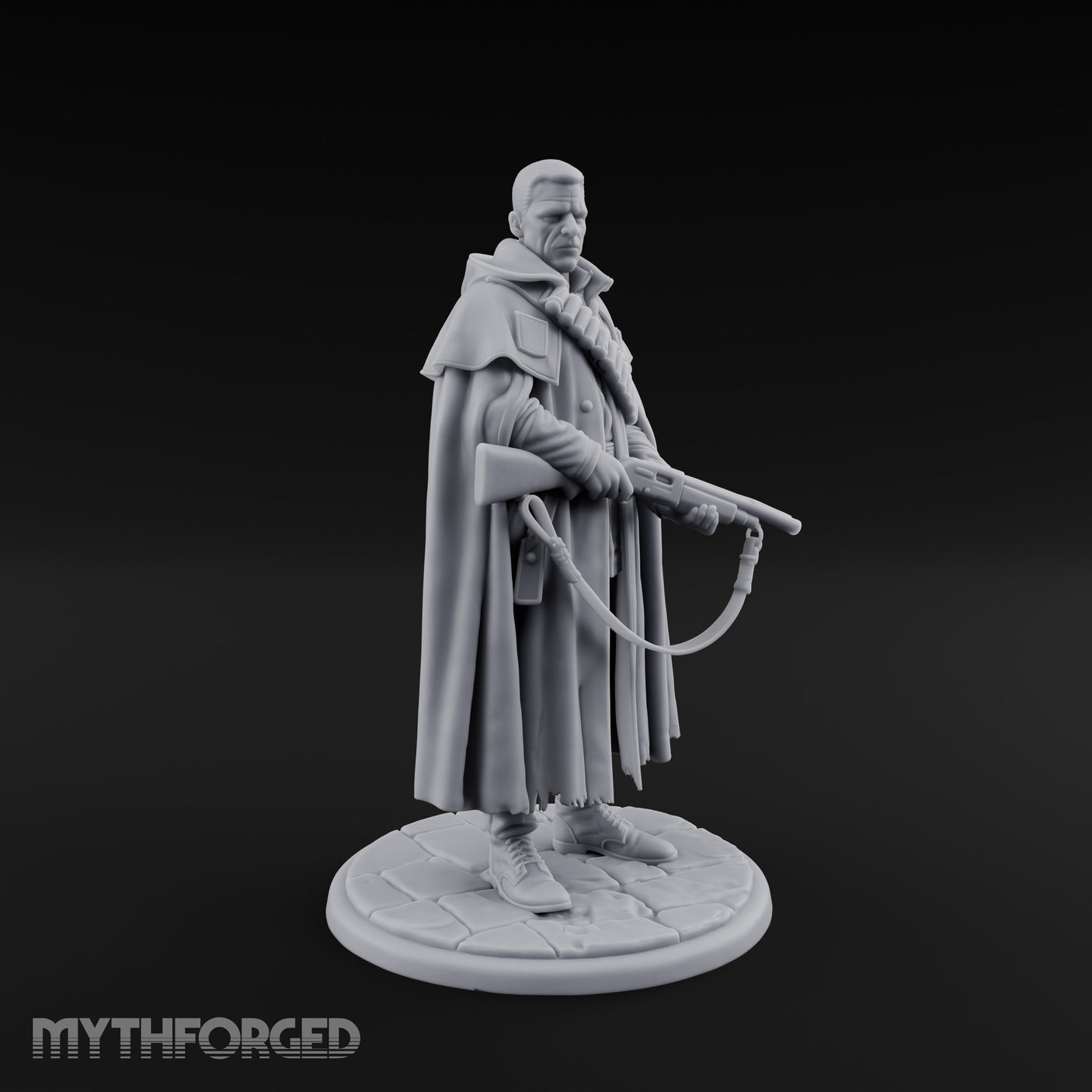 Shotgun-Slung Cape-Flowing Human Wanderer Miniature for Dungeons and Dragons, Pathfinder or other TTRPGs
