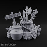 Sign-Posted Weapon-Stuffed Adventurer's Market Clutter Scene Miniature for Dungeons and Dragons, Pathfinder or other TTRPGs