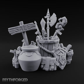 Sign-Posted Weapon-Stuffed Adventurer's Market Clutter Scene Miniature for Dungeons and Dragons, Pathfinder or other TTRPGs