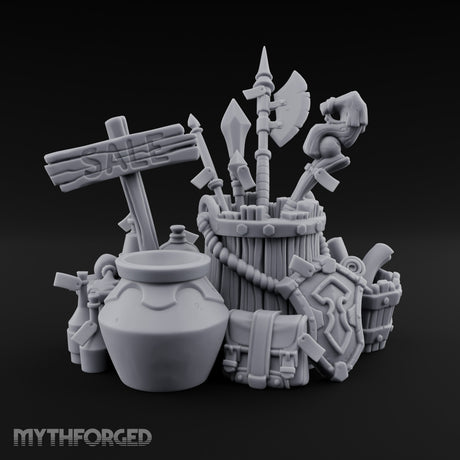 Sign-Posted Weapon-Stuffed Adventurer's Market Clutter Scene Miniature for Dungeons and Dragons, Pathfinder or other TTRPGs