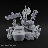 Sign-Posted Weapon-Stuffed Adventurer's Market Clutter Scene Miniature for Dungeons and Dragons, Pathfinder or other TTRPGs