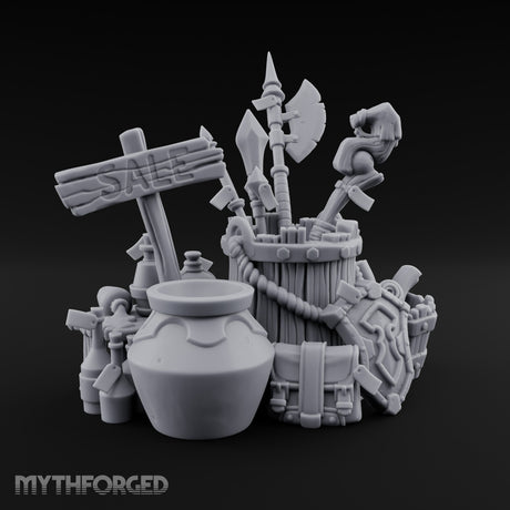 Sign-Posted Weapon-Stuffed Adventurer's Market Clutter Scene Miniature for Dungeons and Dragons, Pathfinder or other TTRPGs