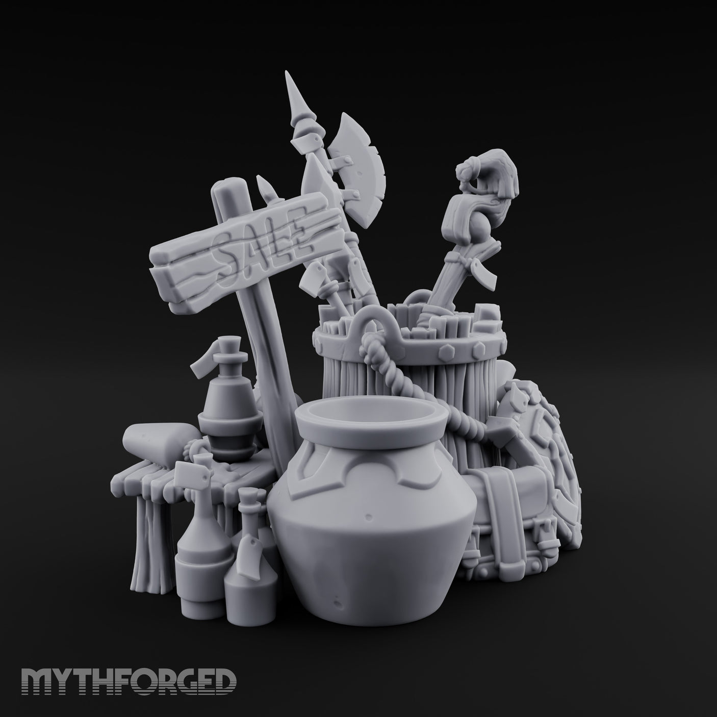 Sign-Posted Weapon-Stuffed Adventurer's Market Clutter Scene Miniature for Dungeons and Dragons, Pathfinder or other TTRPGs
