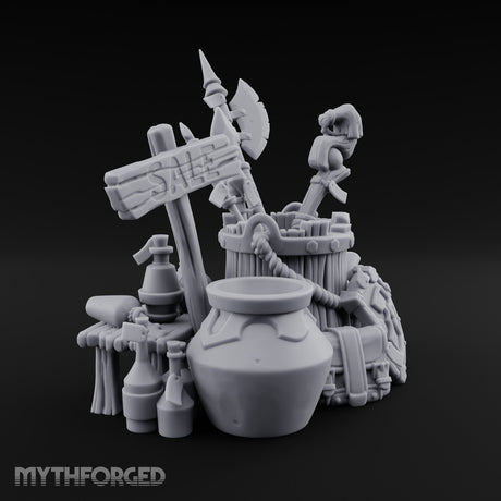 Sign-Posted Weapon-Stuffed Adventurer's Market Clutter Scene Miniature for Dungeons and Dragons, Pathfinder or other TTRPGs