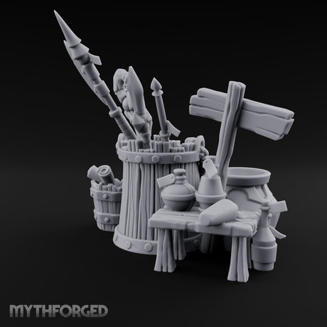 Sign-Posted Weapon-Stuffed Adventurer's Market Clutter Scene Miniature for Dungeons and Dragons, Pathfinder or other TTRPGs