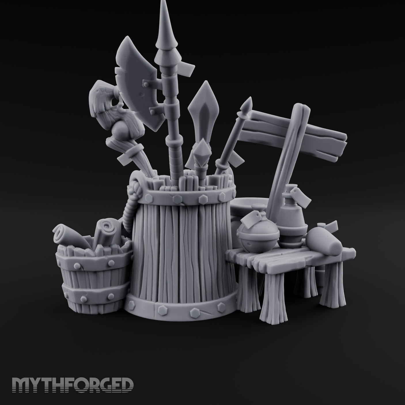 Sign-Posted Weapon-Stuffed Adventurer's Market Clutter Scene Miniature for Dungeons and Dragons, Pathfinder or other TTRPGs