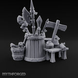 Sign-Posted Weapon-Stuffed Adventurer's Market Clutter Scene Miniature for Dungeons and Dragons, Pathfinder or other TTRPGs
