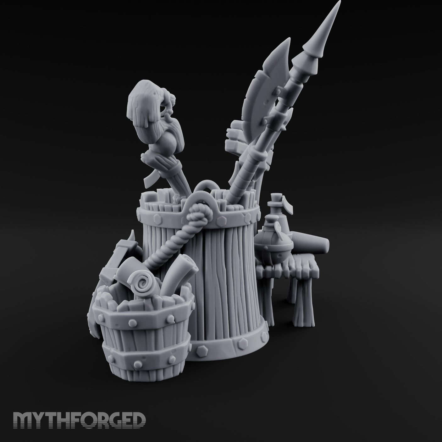 Sign-Posted Weapon-Stuffed Adventurer's Market Clutter Scene Miniature for Dungeons and Dragons, Pathfinder or other TTRPGs