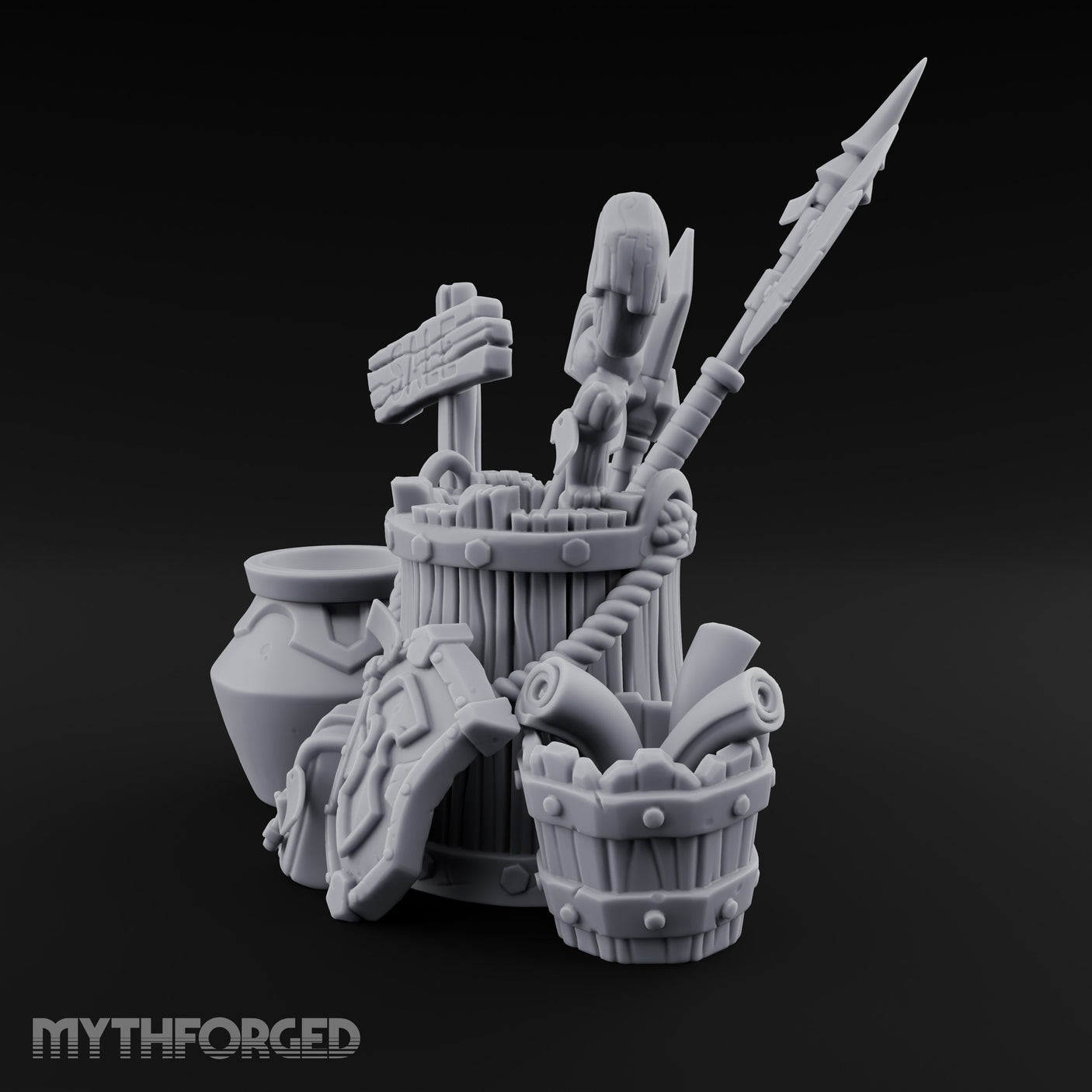 Sign-Posted Weapon-Stuffed Adventurer's Market Clutter Scene Miniature for Dungeons and Dragons, Pathfinder or other TTRPGs