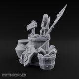 Sign-Posted Weapon-Stuffed Adventurer's Market Clutter Scene Miniature for Dungeons and Dragons, Pathfinder or other TTRPGs