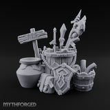 Sign-Posted Weapon-Stuffed Adventurer's Market Clutter Scene Miniature for Dungeons and Dragons, Pathfinder or other TTRPGs