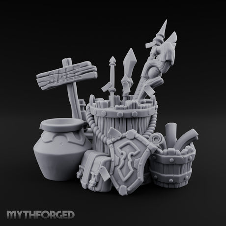 Sign-Posted Weapon-Stuffed Adventurer's Market Clutter Scene Miniature for Dungeons and Dragons, Pathfinder or other TTRPGs