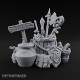 Sign-Posted Weapon-Stuffed Adventurer's Market Clutter Scene Miniature for Dungeons and Dragons, Pathfinder or other TTRPGs