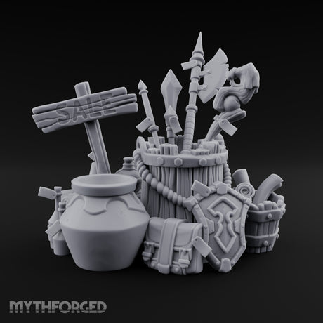 Sign-Posted Weapon-Stuffed Adventurer's Market Clutter Scene Miniature for Dungeons and Dragons, Pathfinder or other TTRPGs