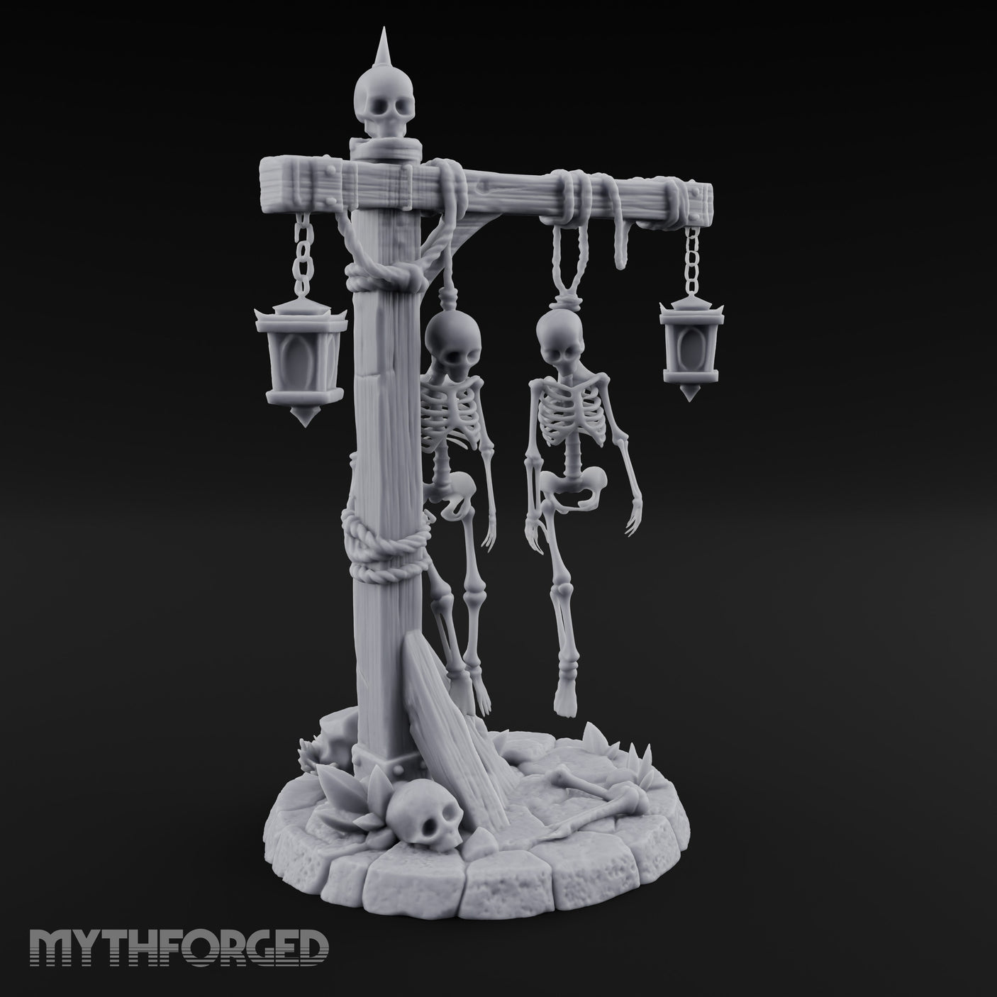 Skeleton-Hung Lantern-Chained Gibbet Post Miniature for Dungeons and Dragons, Pathfinder or other TTRPGs