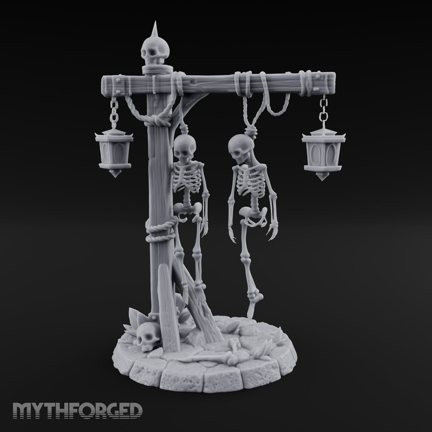 Skeleton-Hung Lantern-Chained Gibbet Post Miniature for Dungeons and Dragons, Pathfinder or other TTRPGs