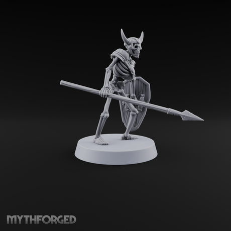 Long Dead, Still Enlisted Skeleton Warriors with Spears, Swords, Shields and Banner — D
