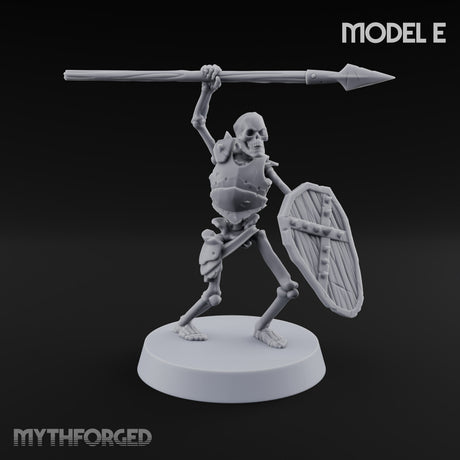 Long Dead, Still Enlisted Skeleton Warriors with Spears, Swords, Shields and Banner — E