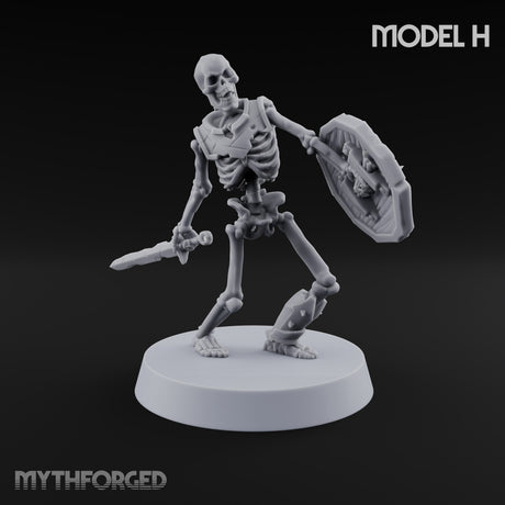 Long Dead, Still Enlisted Skeleton Warriors with Spears, Swords, Shields and Banner — H