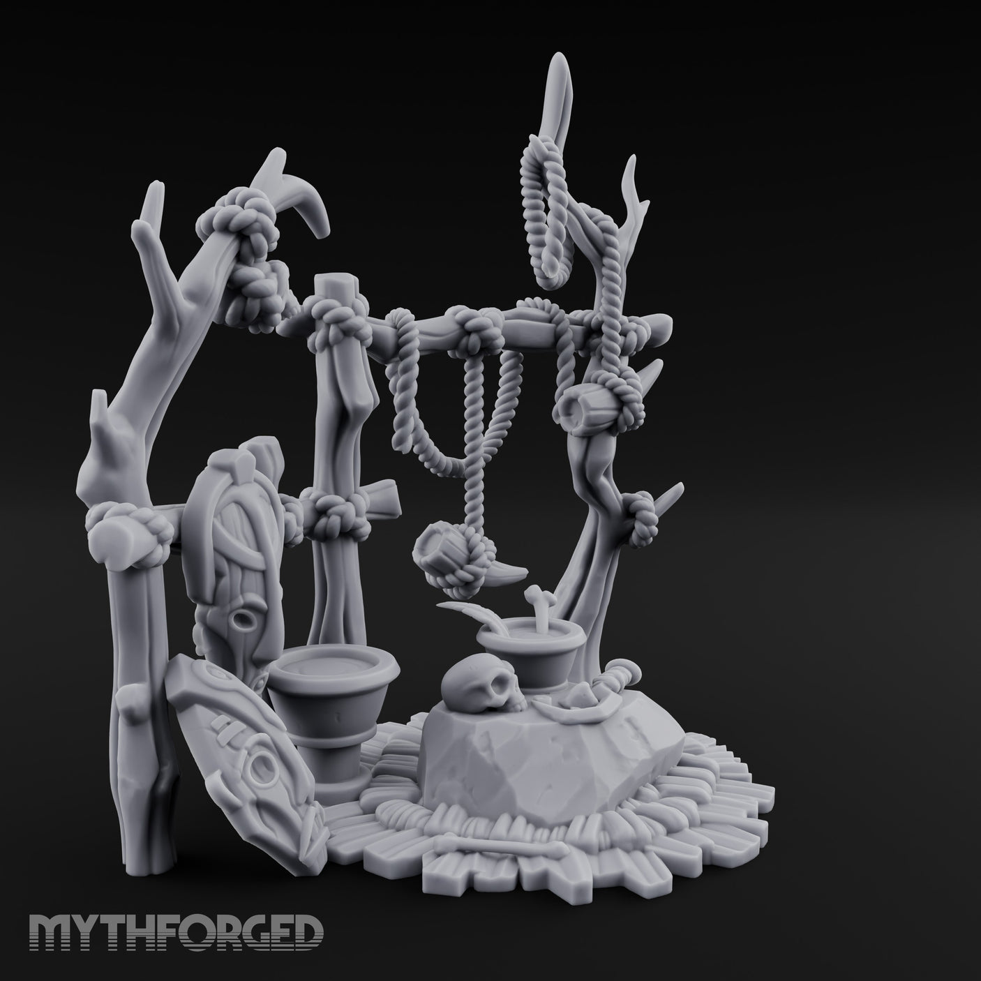 Skull-Centered Rope-Strung Tribal Ritual Altar Scene Miniature for Dungeons and Dragons, Pathfinder or other TTRPGs