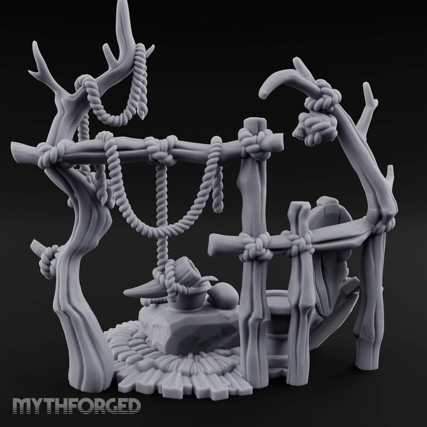 Skull-Centered Rope-Strung Tribal Ritual Altar Scene Miniature for Dungeons and Dragons, Pathfinder or other TTRPGs