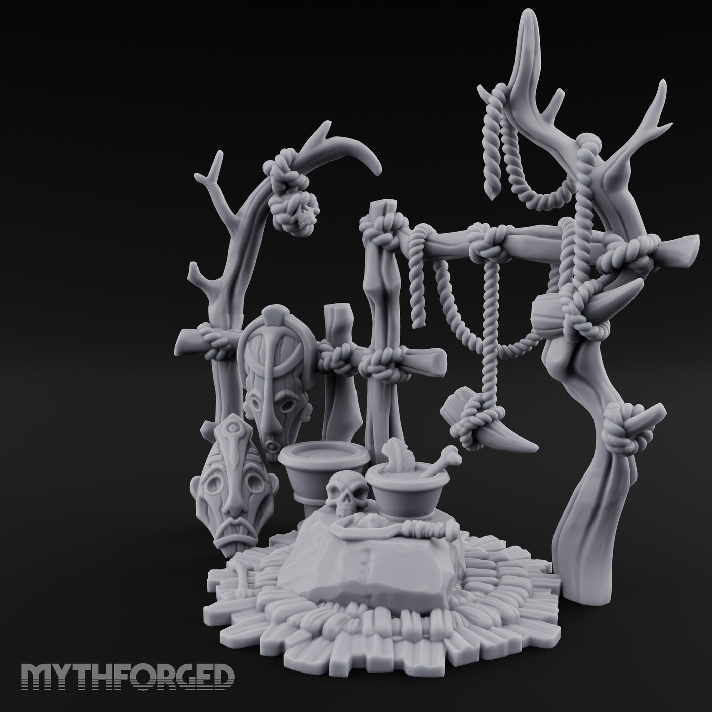 Skull-Centered Rope-Strung Tribal Ritual Altar Scene Miniature for Dungeons and Dragons, Pathfinder or other TTRPGs