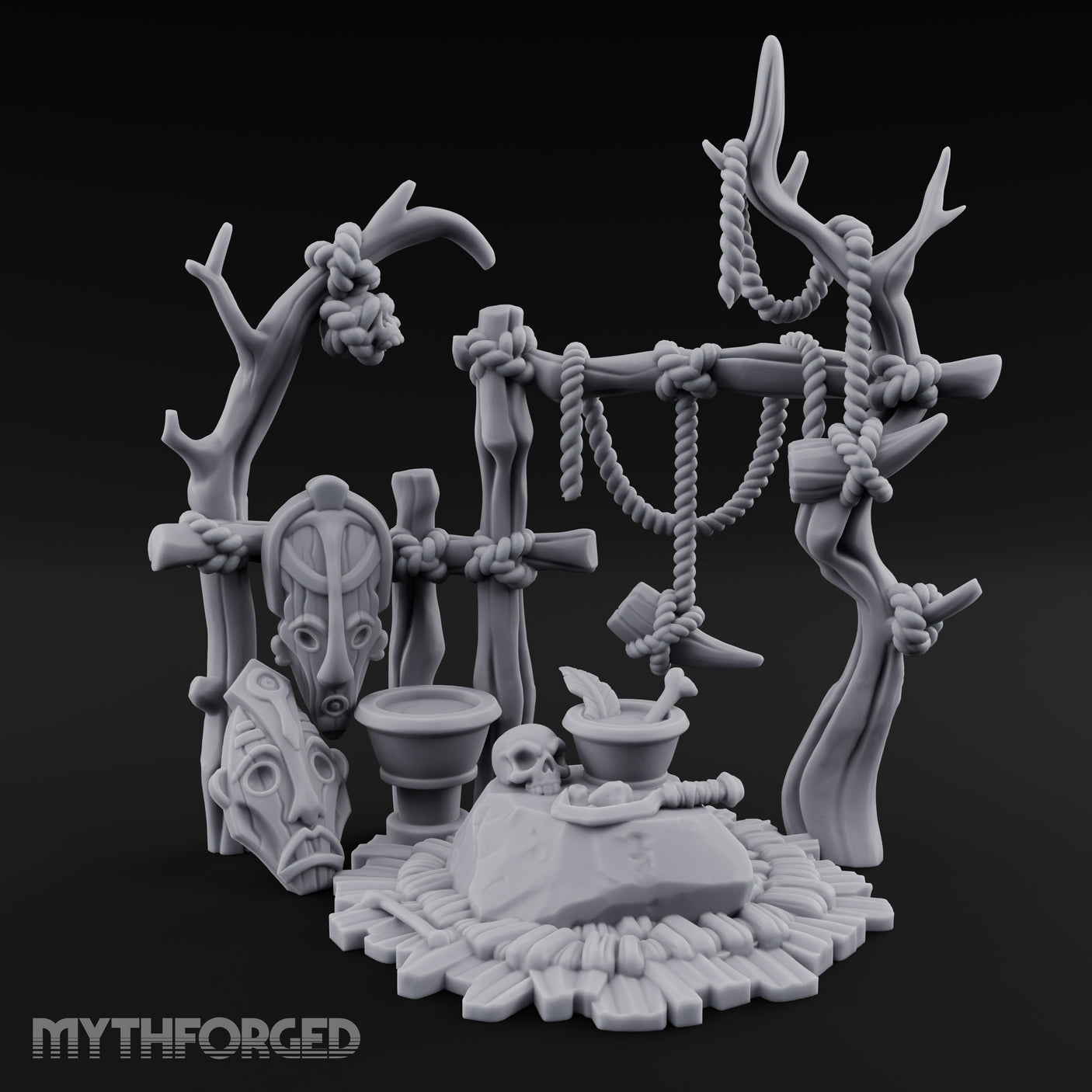 Skull-Centered Rope-Strung Tribal Ritual Altar Scene Miniature for Dungeons and Dragons, Pathfinder or other TTRPGs