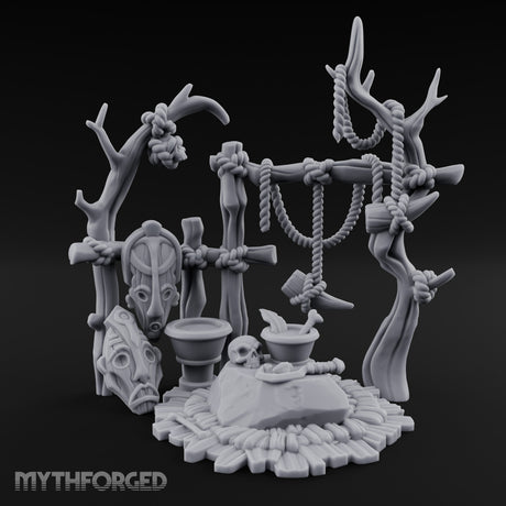 Skull-Centered Rope-Strung Tribal Ritual Altar Scene Miniature for Dungeons and Dragons, Pathfinder or other TTRPGs
