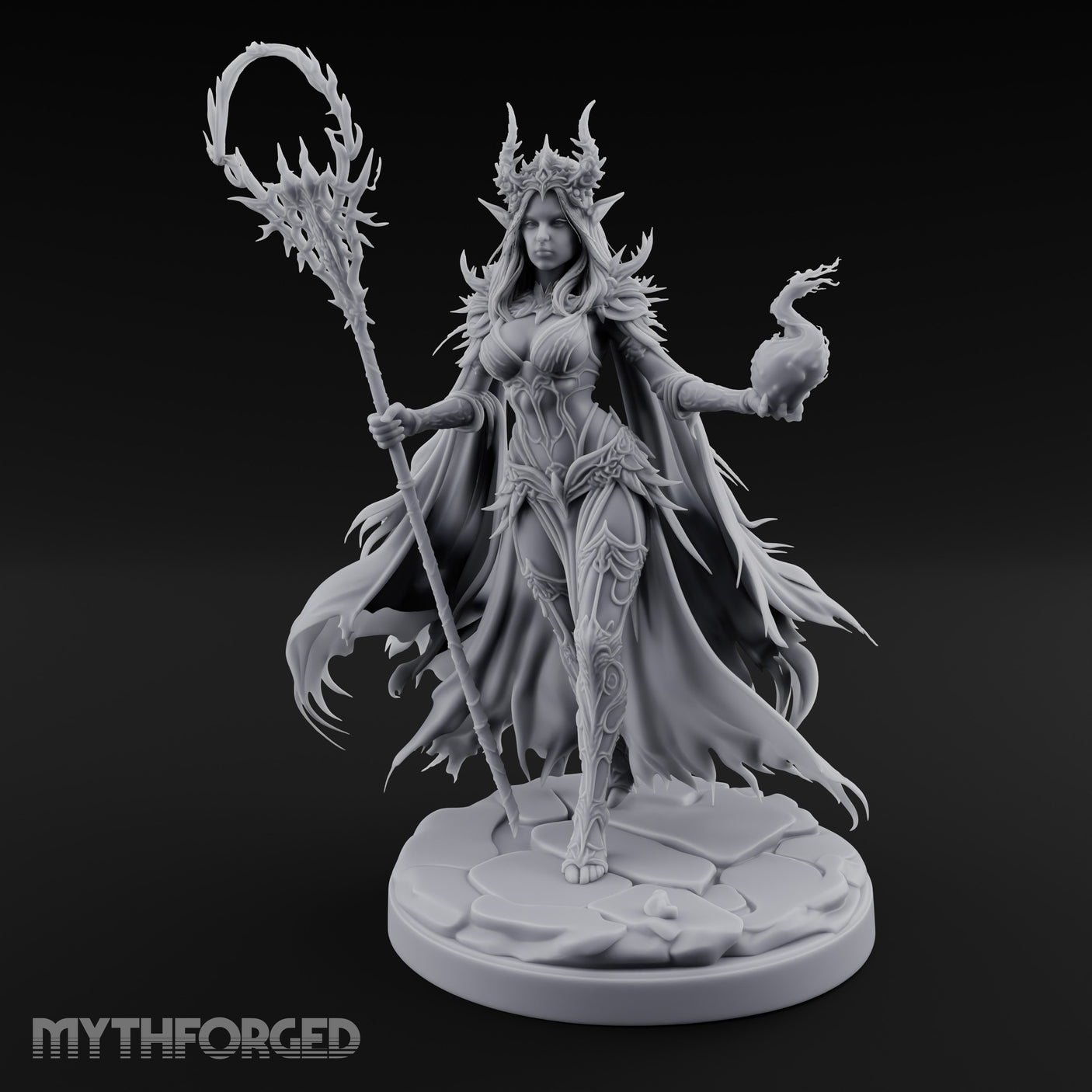Skull Clutching Scythe Staff Bearing Elf Witch Miniature for Dungeons and Dragons, Pathfinder or other TTRPGs