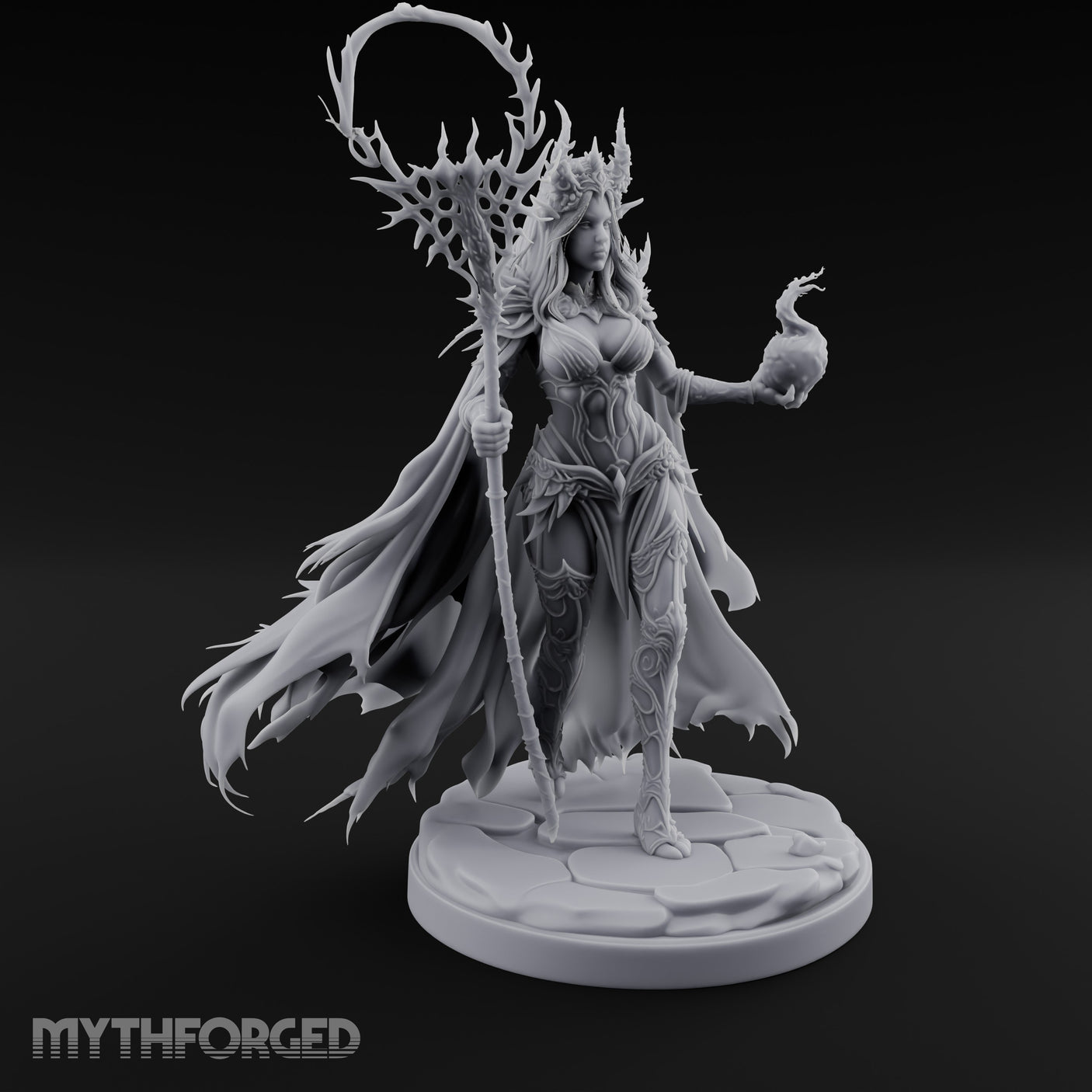 Skull Clutching Scythe Staff Bearing Elf Witch Miniature for Dungeons and Dragons, Pathfinder or other TTRPGs