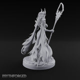 Skull Clutching Scythe Staff Bearing Elf Witch Miniature for Dungeons and Dragons, Pathfinder or other TTRPGs