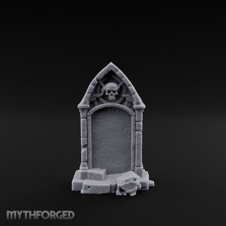 Skull-Crowned Arch-Framed Gothic Gravestone Miniature for Dungeons and Dragons, Pathfinder or other TTRPGs