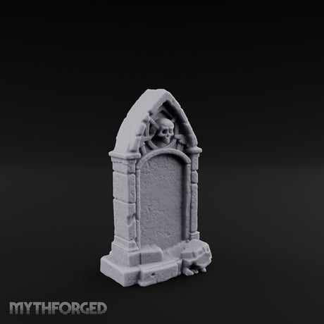 Skull-Crowned Arch-Framed Gothic Gravestone Miniature for Dungeons and Dragons, Pathfinder or other TTRPGs
