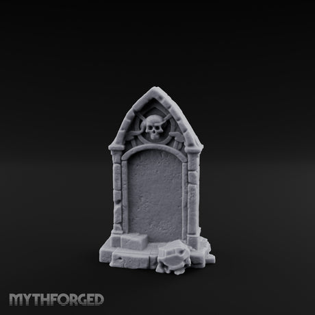 Skull-Crowned Arch-Framed Gothic Gravestone Miniature for Dungeons and Dragons, Pathfinder or other TTRPGs