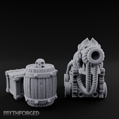 Skull-Crowned Pirate Cannon and Barrel Scene Miniature for Dungeons and Dragons, Pathfinder or other TTRPGs