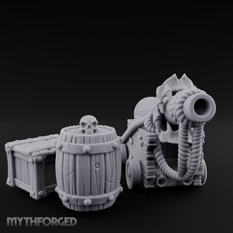 Skull-Crowned Pirate Cannon and Barrel Scene Miniature for Dungeons and Dragons, Pathfinder or other TTRPGs