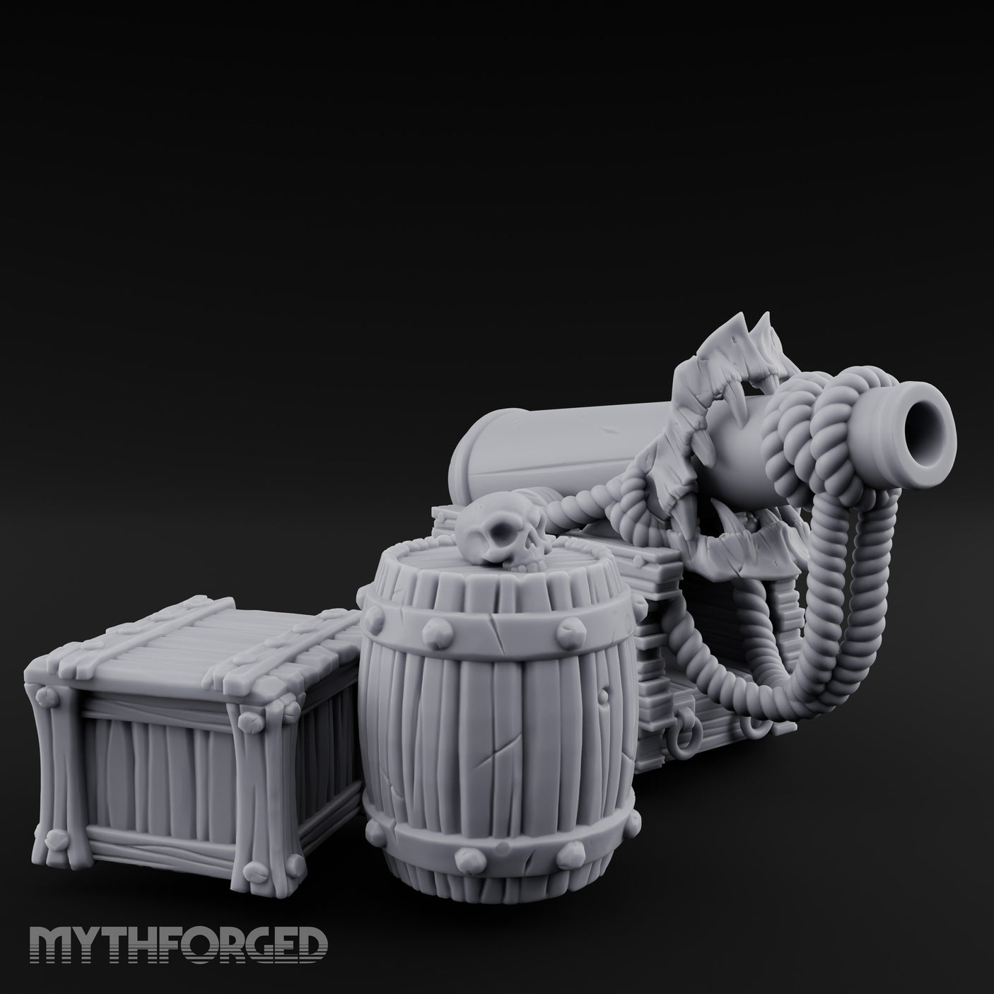 Skull-Crowned Pirate Cannon and Barrel Scene Miniature for Dungeons and Dragons, Pathfinder or other TTRPGs