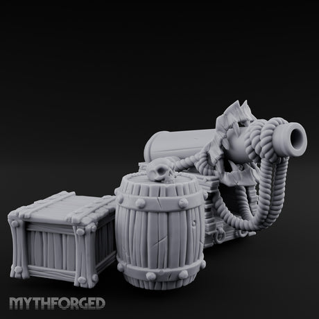Skull-Crowned Pirate Cannon and Barrel Scene Miniature for Dungeons and Dragons, Pathfinder or other TTRPGs